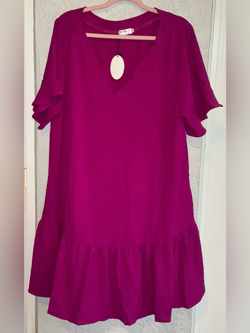 Aoulaydo Vibrant Magenta V-Neck Ruffle Sleeve Dress